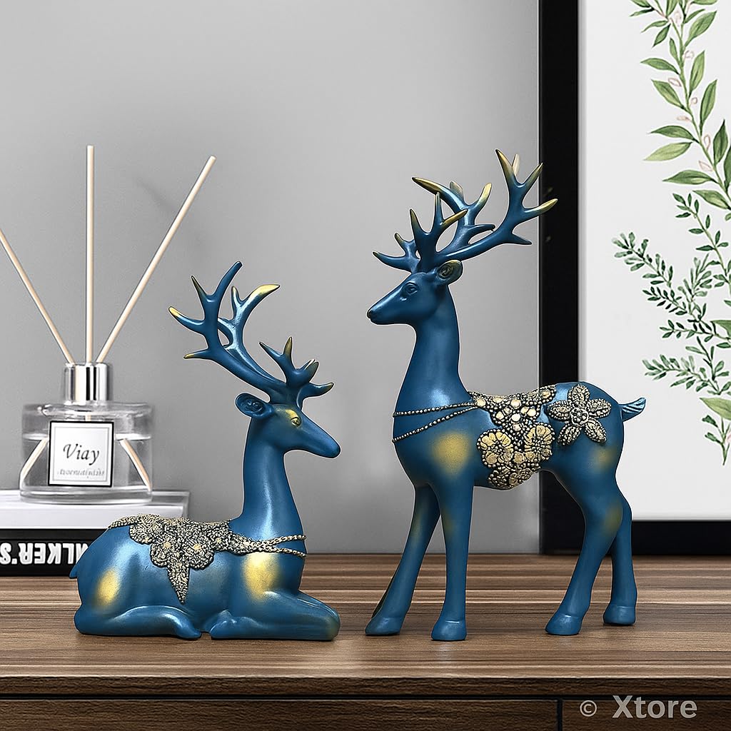 Xtore Creative Resin Golden Reindeer Sculptures | Beautiful Home Decor | Lifts up Energy of Your Room - (Pack of 2, Blue)