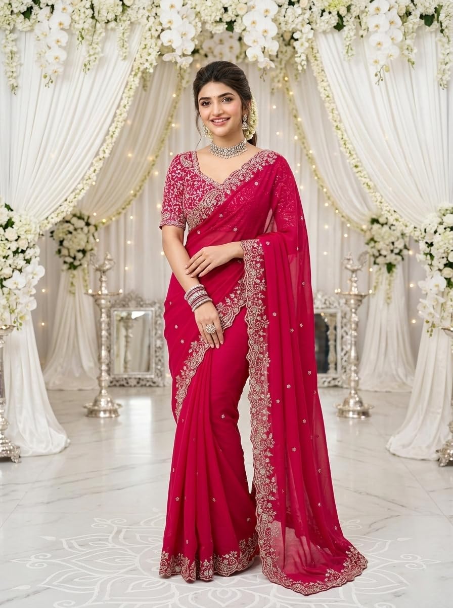 izkio Star Georgette Embroidered Saree, with Contrast Embroidered Blouse Piece, 5.5 m, Wedding Women Wear (Red)