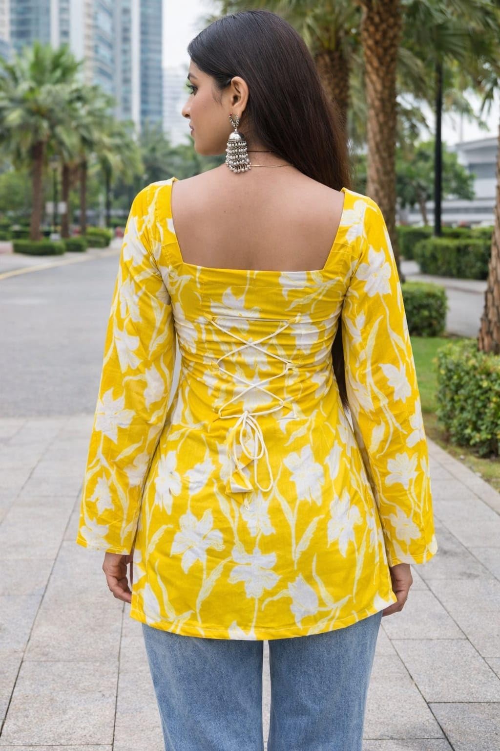 ALENJAN Rayon Floral Print Short Kurti for Women | Square Neck Long Sleeve Top for Women | Criss Cross Back Desing Kurti | Soft Breathable Fabric | Relaxed Fit | Casual and Office Wear | Mustard | M