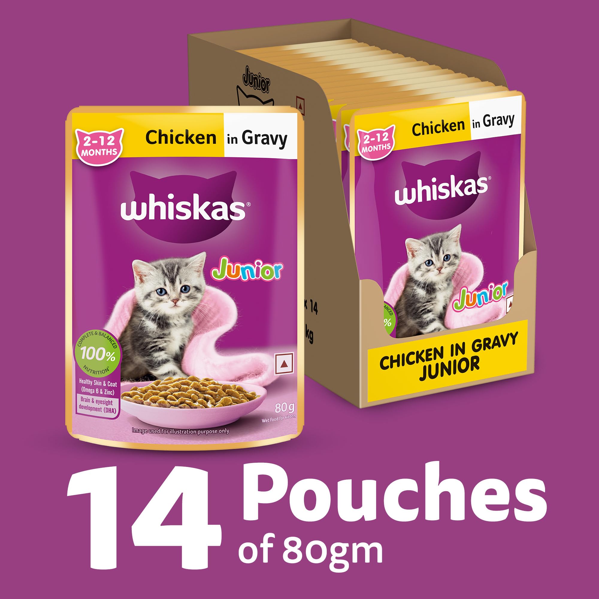 Whiskas Junior Kitten (2-12 Months) Wet Cat Food, Chicken in Gravy, 80 g (Pack of 14), Hydrating Food Made With Real Chicken, 100% Complete & Balanced Nutrition for Kittens