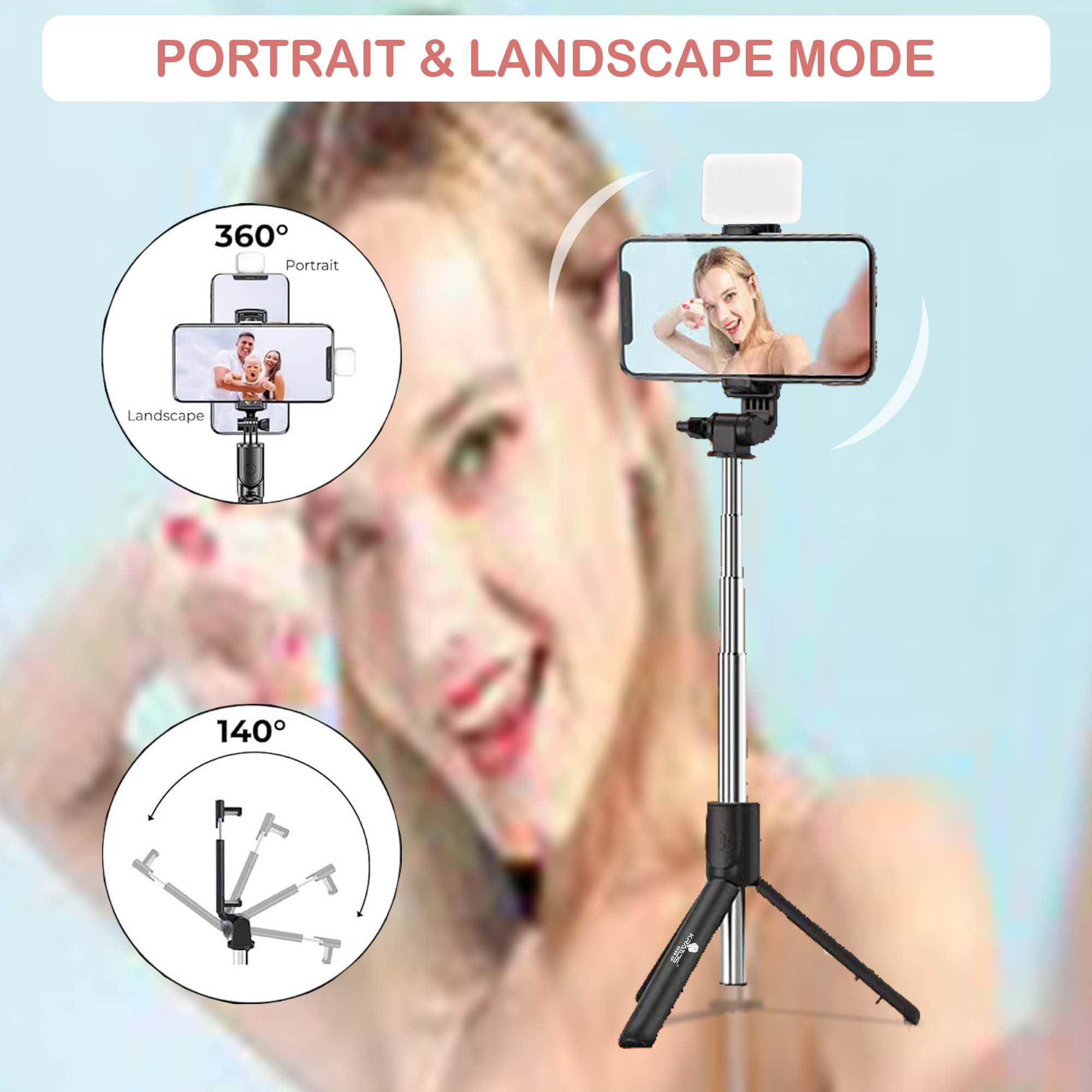Kratos 28 Inch Selfie Stick Tripod Stand with Light, 3-in-1 Multifunctional Design, Rechargeable LED Light with Two Brightness Levels with Bluetooth Remote for Makeup, Selfie & Photoshoot