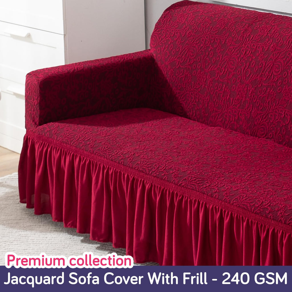 HOKIPO 3 Seater Sofa Cover Stretchable Jacquard Fabric | Elastic Bottom Slipcover with Frill Skirt | Thick 240 GSM Couch Cover | Washable Living Room Sofa Protector, Wine Red (AR-4648-J1)