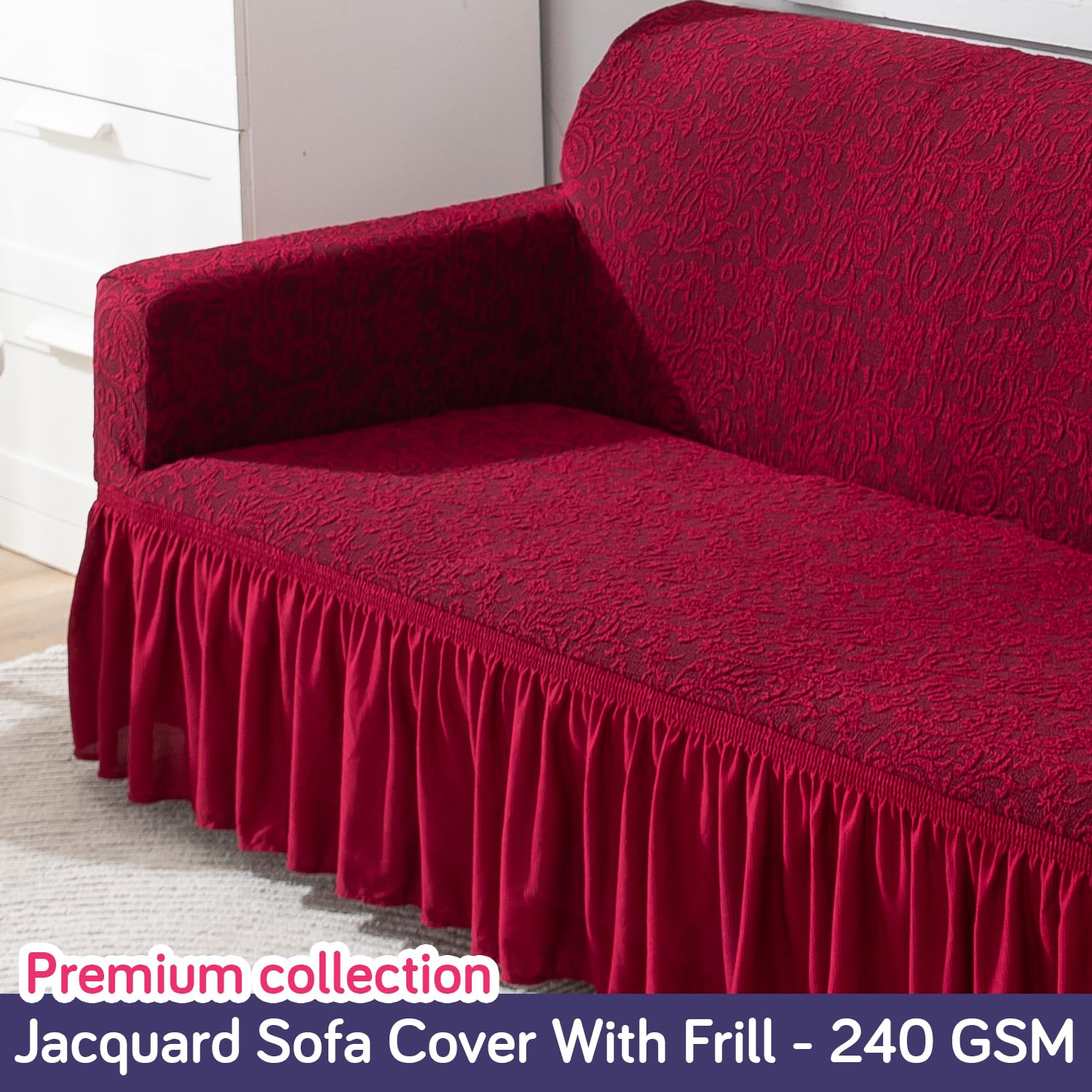 HOKIPO 3 Seater Sofa Cover Stretchable Jacquard Fabric | Elastic Bottom Slipcover with Frill Skirt | Thick 240 GSM Couch Cover | Washable Living Room Sofa Protector, Wine Red (AR-4648-J1)