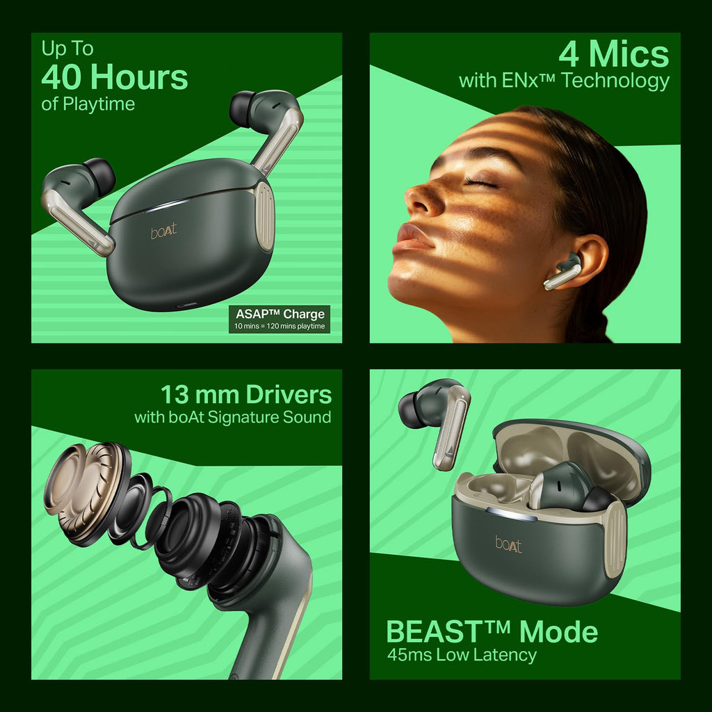 Boat Airdopes 219, 4Mics ENx, 40H Battery, Best in Segment for Calling, Stream Ad Free Music via App Support, Bluetooth Earbuds, TWS Ear Buds Wireless Earphones with mic (Forest Sage)
