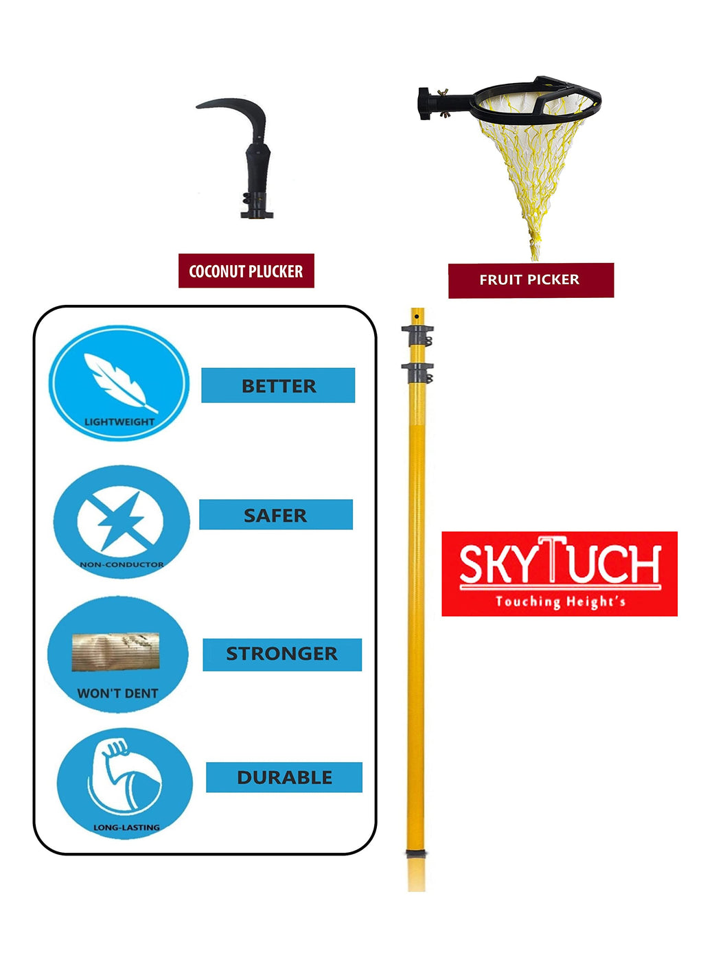 FESTEL Skytuch Shock Proof Multipurpose 8-to-24 Foot Extendable Telescopic Pole with (2 Attachments) Coconut Plucker, Mango Fruit Picker