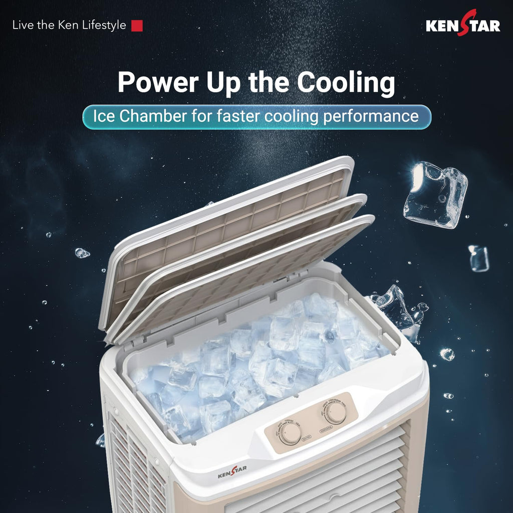Kenstar Dominar HC 70 Desert Air Cooler|70L Tank|5-Star BEE Rated|5-Year Warranty on Pump & Motor|50 ft Air Throw|Honeycomb Cooling Pads|Ice Chamber|Water Level Indicator I 16-Inch Fan I White & beige