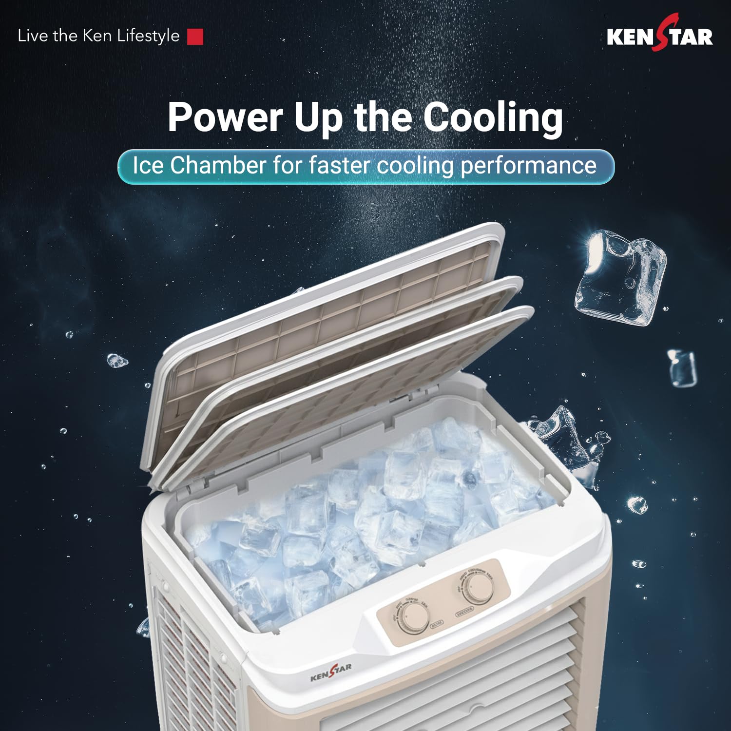 Kenstar Dominar HC 70 Desert Air Cooler|70L Tank|5-Star BEE Rated|5-Year Warranty on Pump & Motor|50 ft Air Throw|Honeycomb Cooling Pads|Ice Chamber|Water Level Indicator I 16-Inch Fan I White & beige