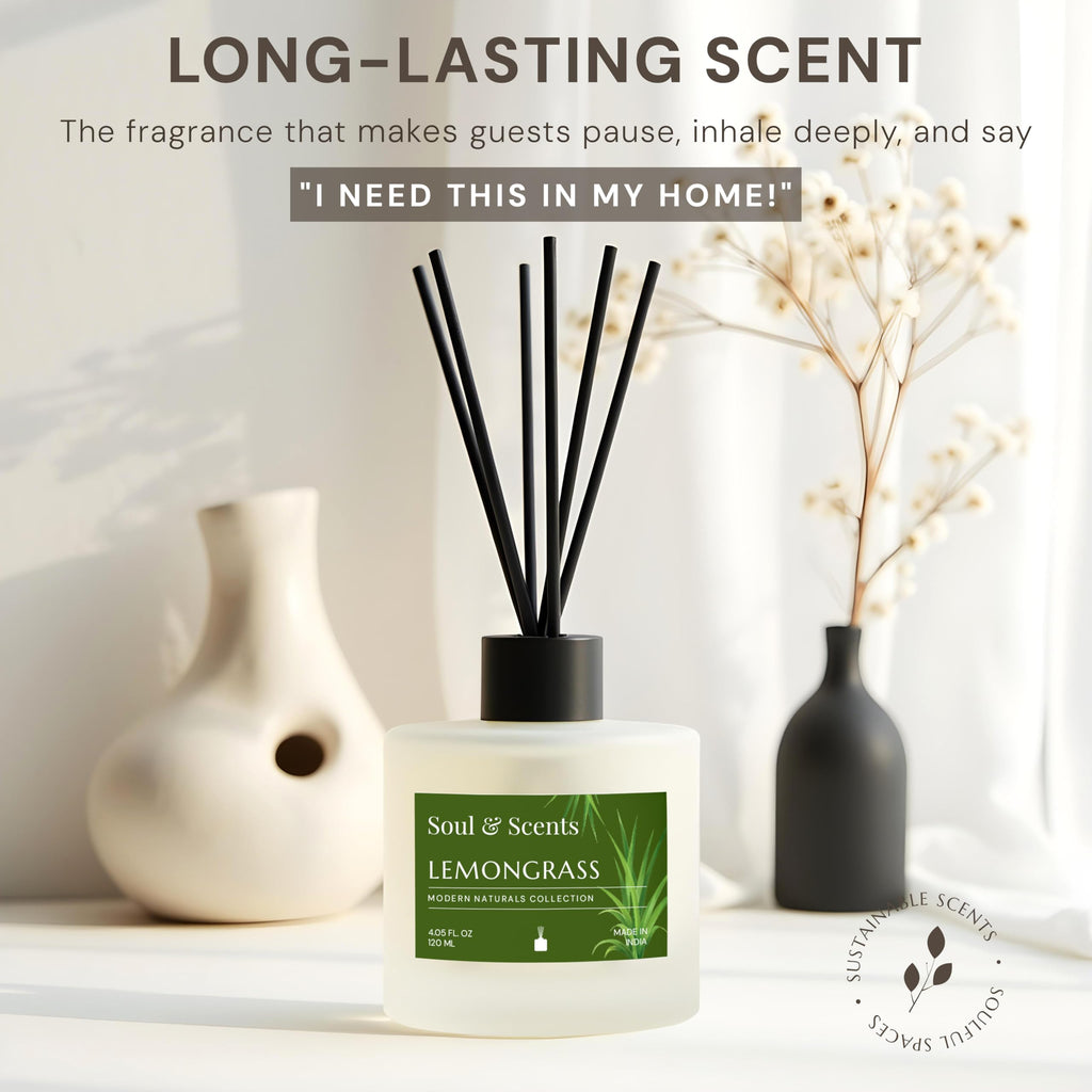 Soul & Scents Glass 120ml Lemongrass Reed Diffuser Set | Free 6 Fiber Reed Sticks | Stress Relief & Aromatherapy | Long-Lasting, Smoke-Free Air Freshener for Home, Bedroom & Office | Ideal for Gifting