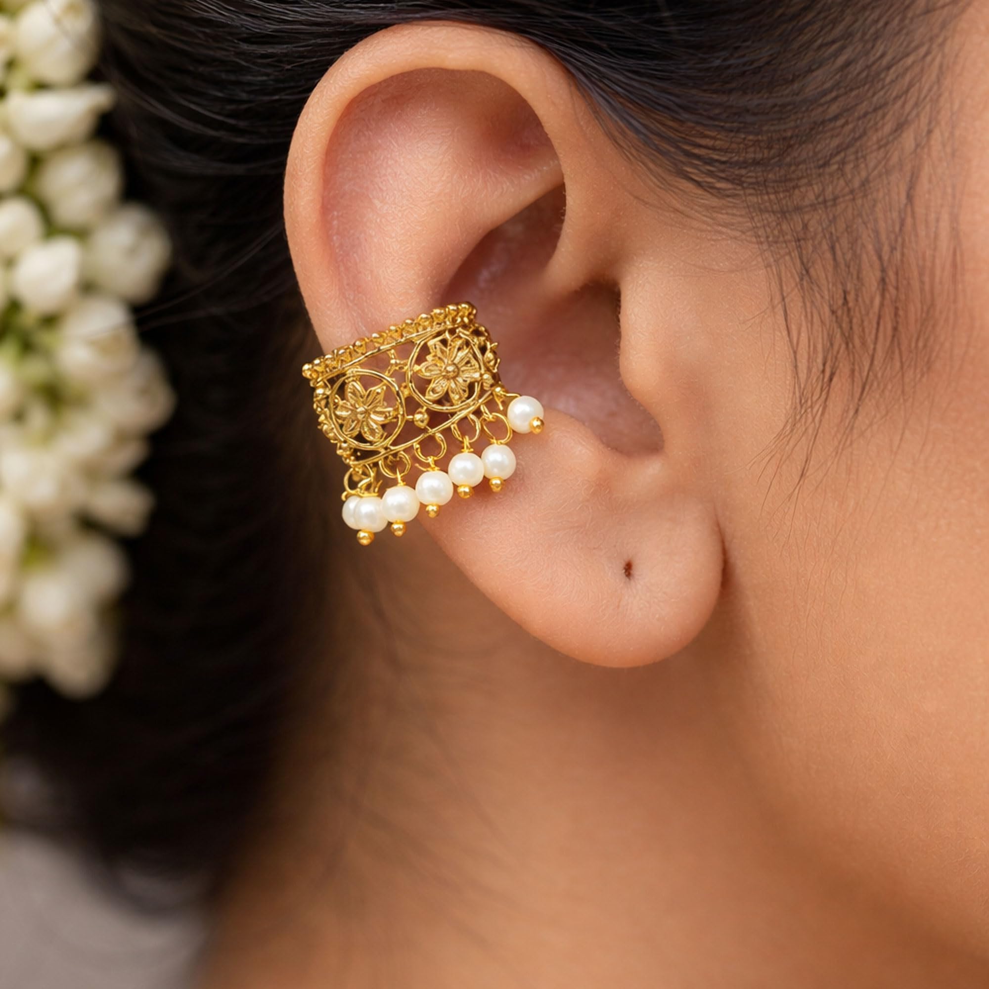 VAMA FASHIONS Traditional 18K Gold Plated South Indian Bugadi Bigadi Ear Cuff Earrings Temple Jewellery Pearl Drop Helix Ear Rings Maharashtrian Jewellery for Women
