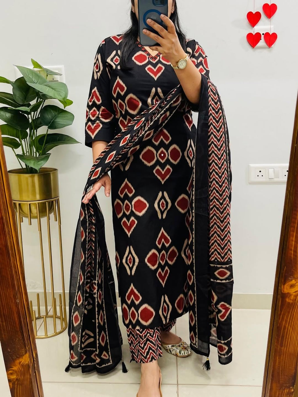 KASOOTI Women's Printed 100% Cotton Straight Kurta with Pants and Dupatta Set | Ethnic Set |Kurta Set (BLACK)