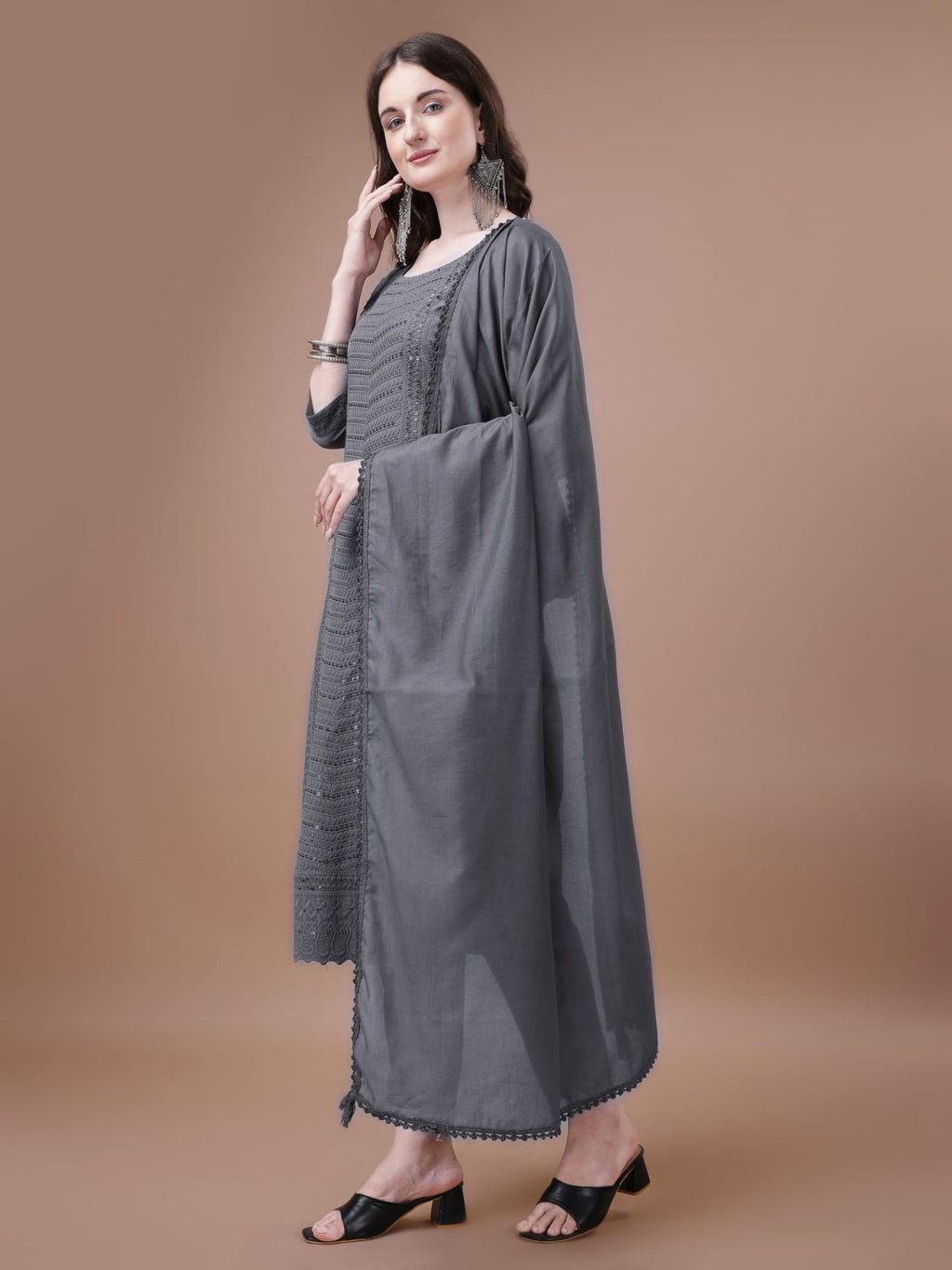 SHOPPING QUEEN Women's Silk Chikankari Kurta Pant with Dupatta (A526_Dim Grey_M)