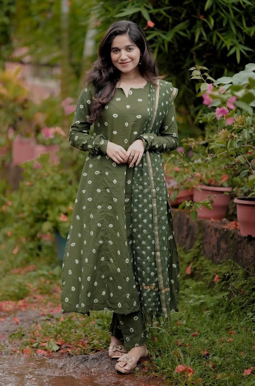 KLOSIA Women's Printed Anarkali Kurta and Pant with Dupatta Set (in, Alpha, L, Green)