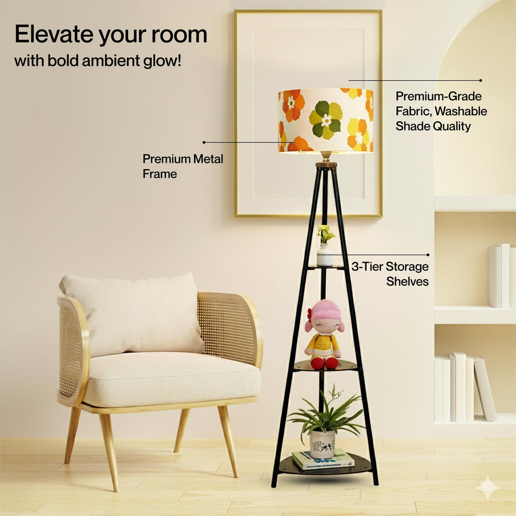 Crosscut Furniture Metal Floor Lamp with 3 Shelves (Fresh Flower) LED Bulb Included, Yellow