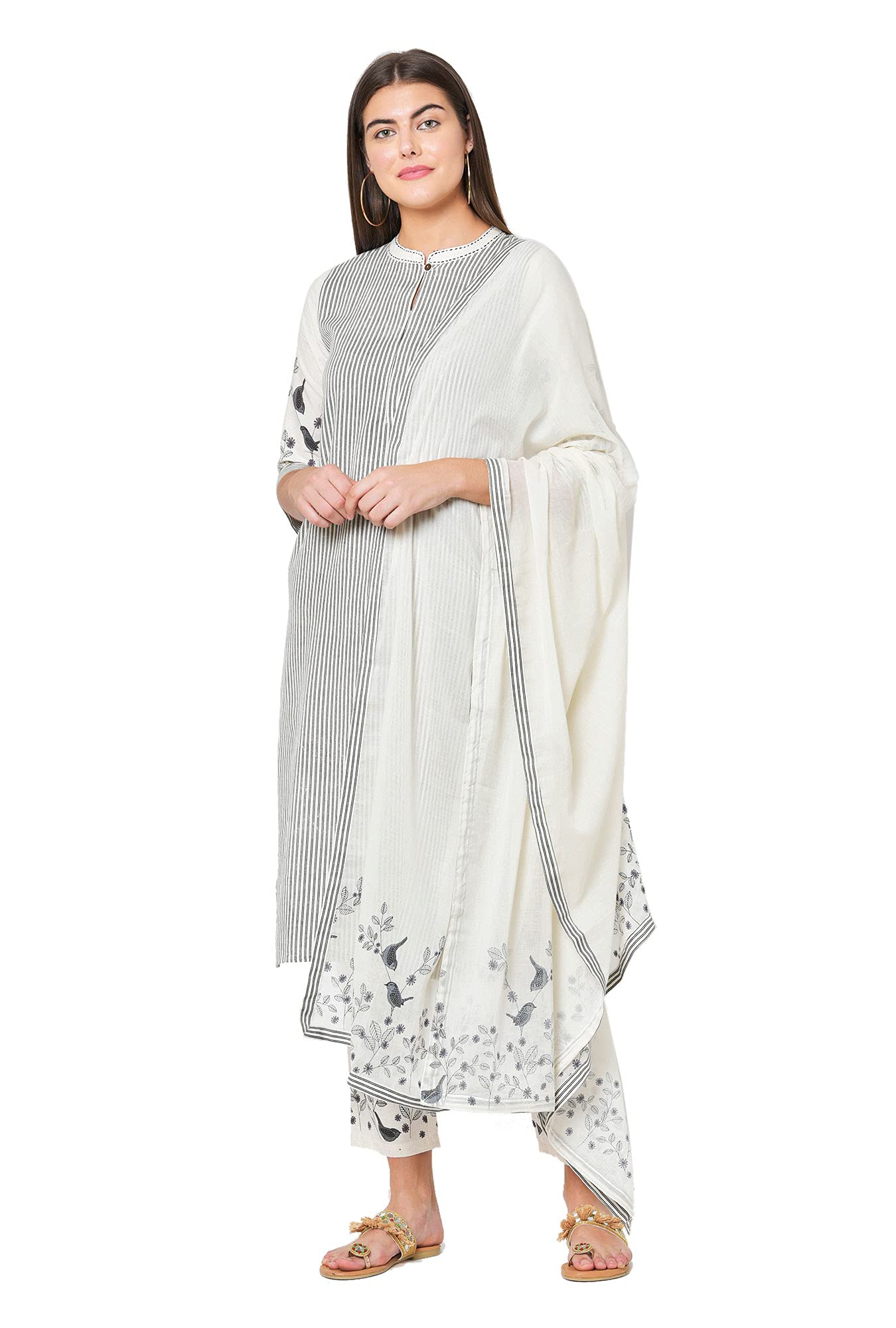 Pistaa's women Cotton Striped Straight salwar Suit Set (Off White, Medium)