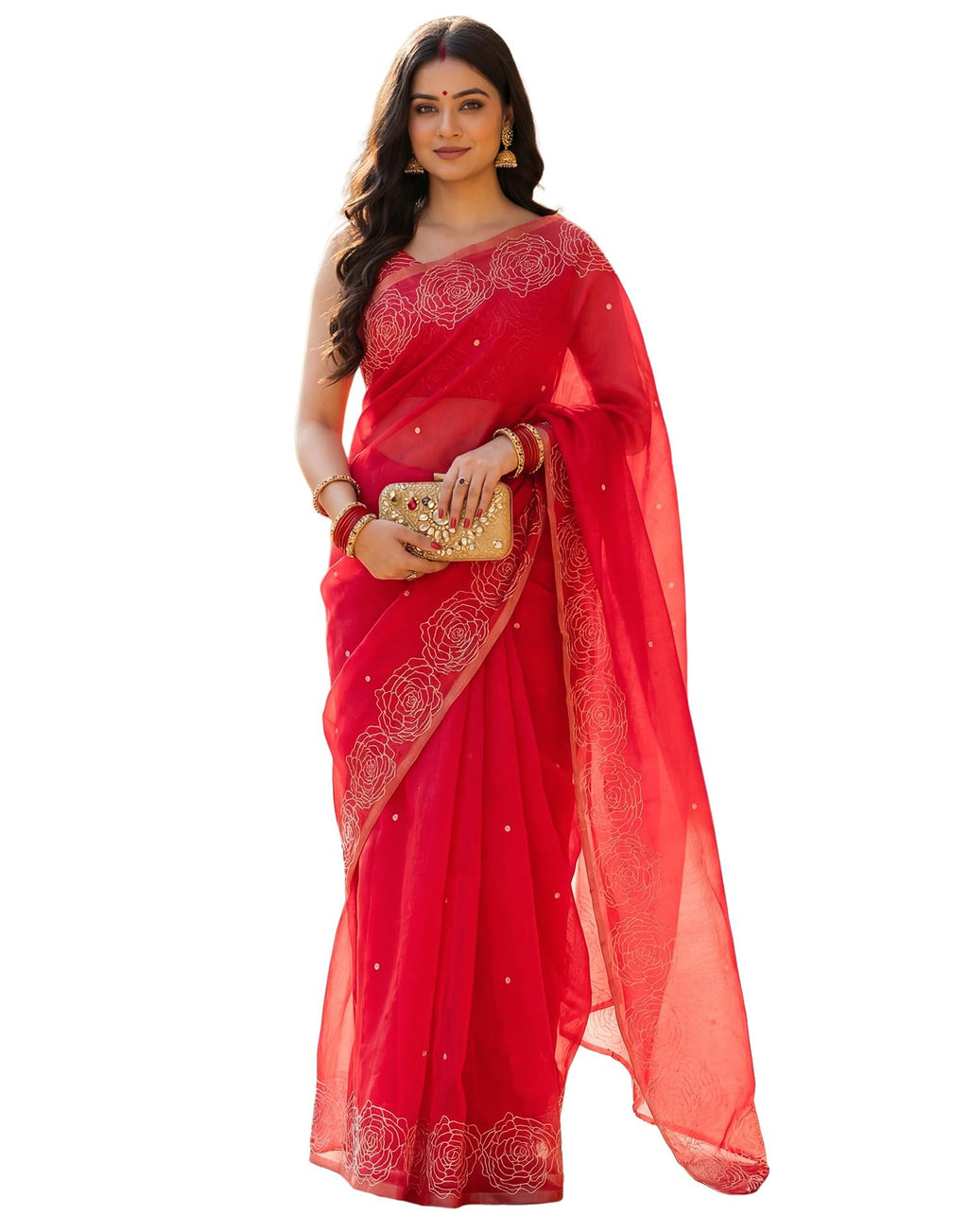SIRIL Women's cotton Printed, Zari Border One Minute Ready To Wear Saree With Unstitched Blouse Piece(97RS387_Red)