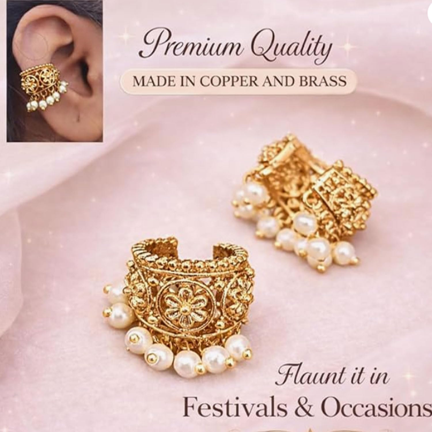 VAMA FASHIONS Traditional 18K Gold Plated South Indian Bugadi Bigadi Ear Cuff Earrings Temple Jewellery Pearl Drop Helix Ear Rings Maharashtrian Jewellery for Women