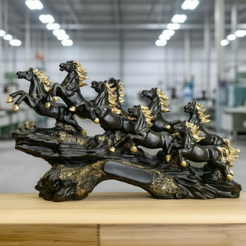 UAG Exports 7 Running Horses Resin Statue Feng Shui & Vastu Lucky Decor for Home, Office, Living Room, Shelf | Symbol of Wealth & Success | Housewarming, Birthday Gift (Black-Matt, Wave Base)