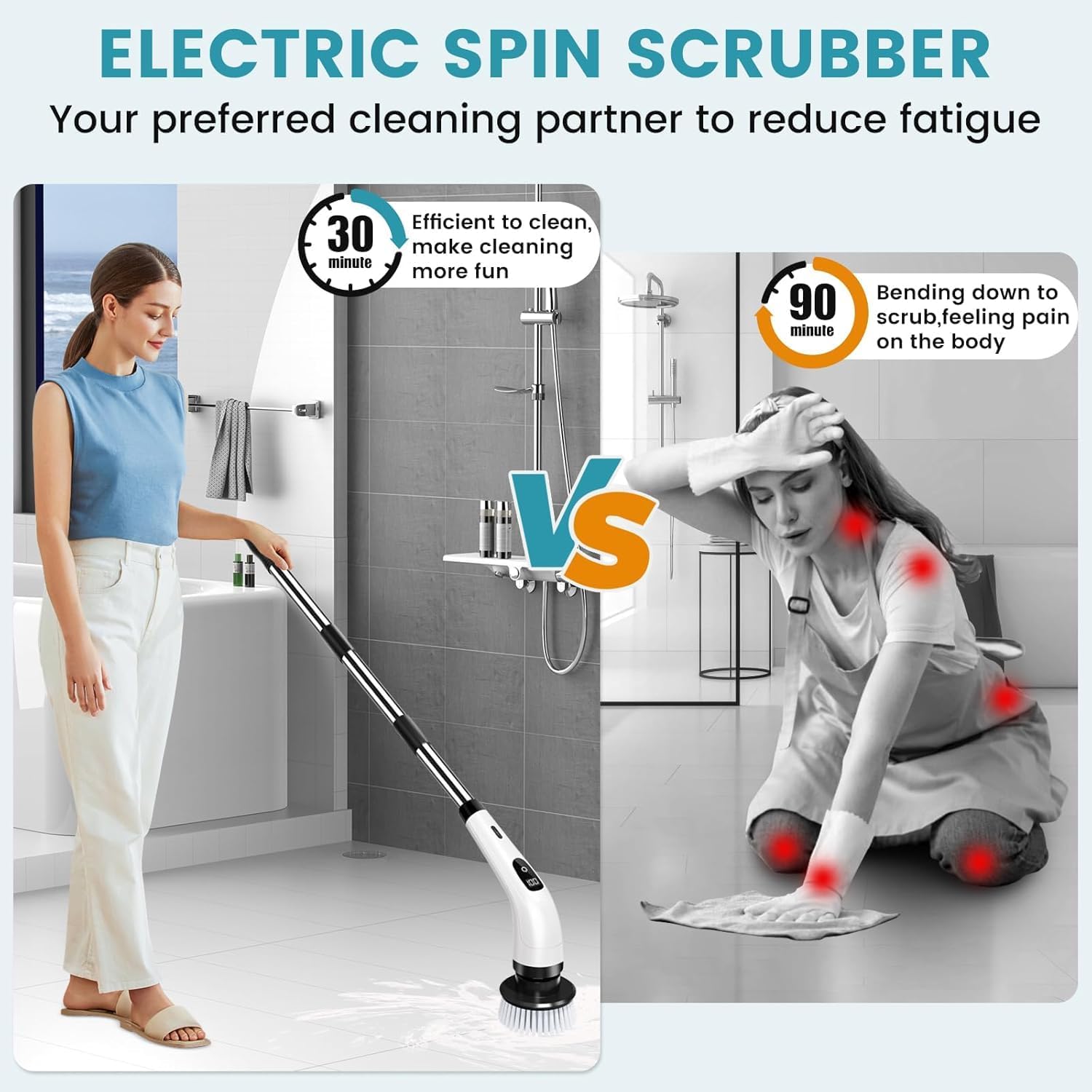 DADLM® 9 in 1 Electric Spin Scrubber,Cleaning Brush Scrubber for Home, 400RPM/Mins-9 Replaceable Brush Heads-90Mins Work Time,Adjustable Size,2 Adjustable Speeds for Bathroom Shower (1)