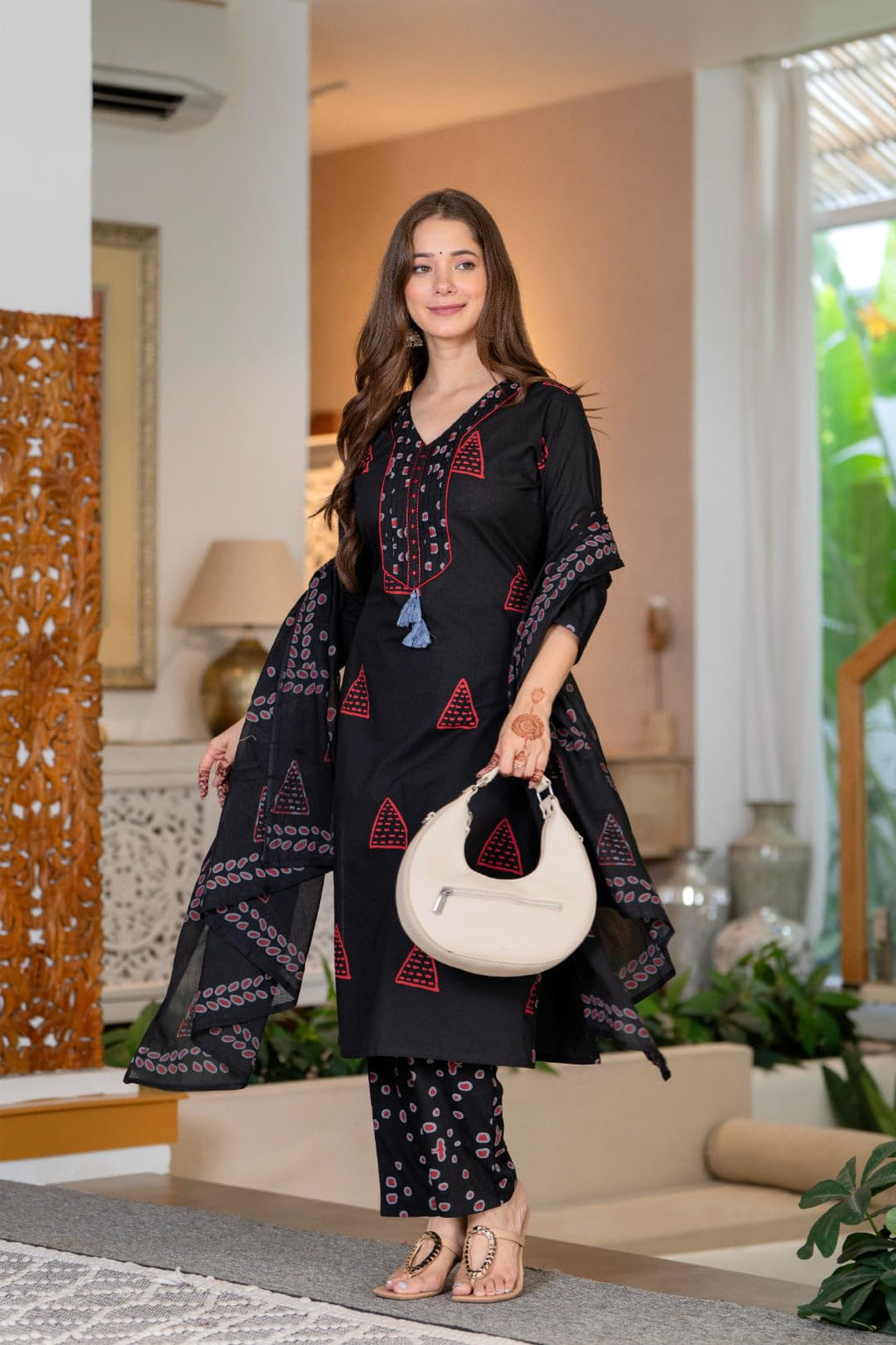 PARTHVI Women's Pure Cotton Printed Straight Kurta Set with Palazzo Pants & Dupatta- Ethnic Wear, Black