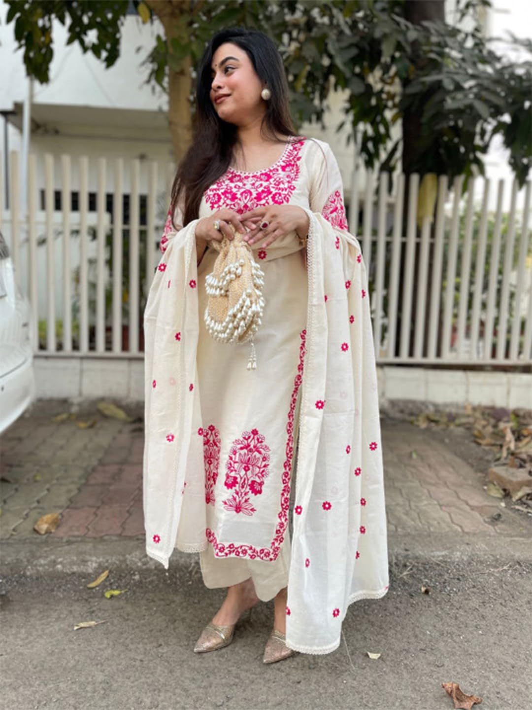 GoSriKi Women's Rayon Viscose Embroidered Straight Kurta with Pant & Dupatta (JIVANTA Cream-GS_L_Cream_Large)