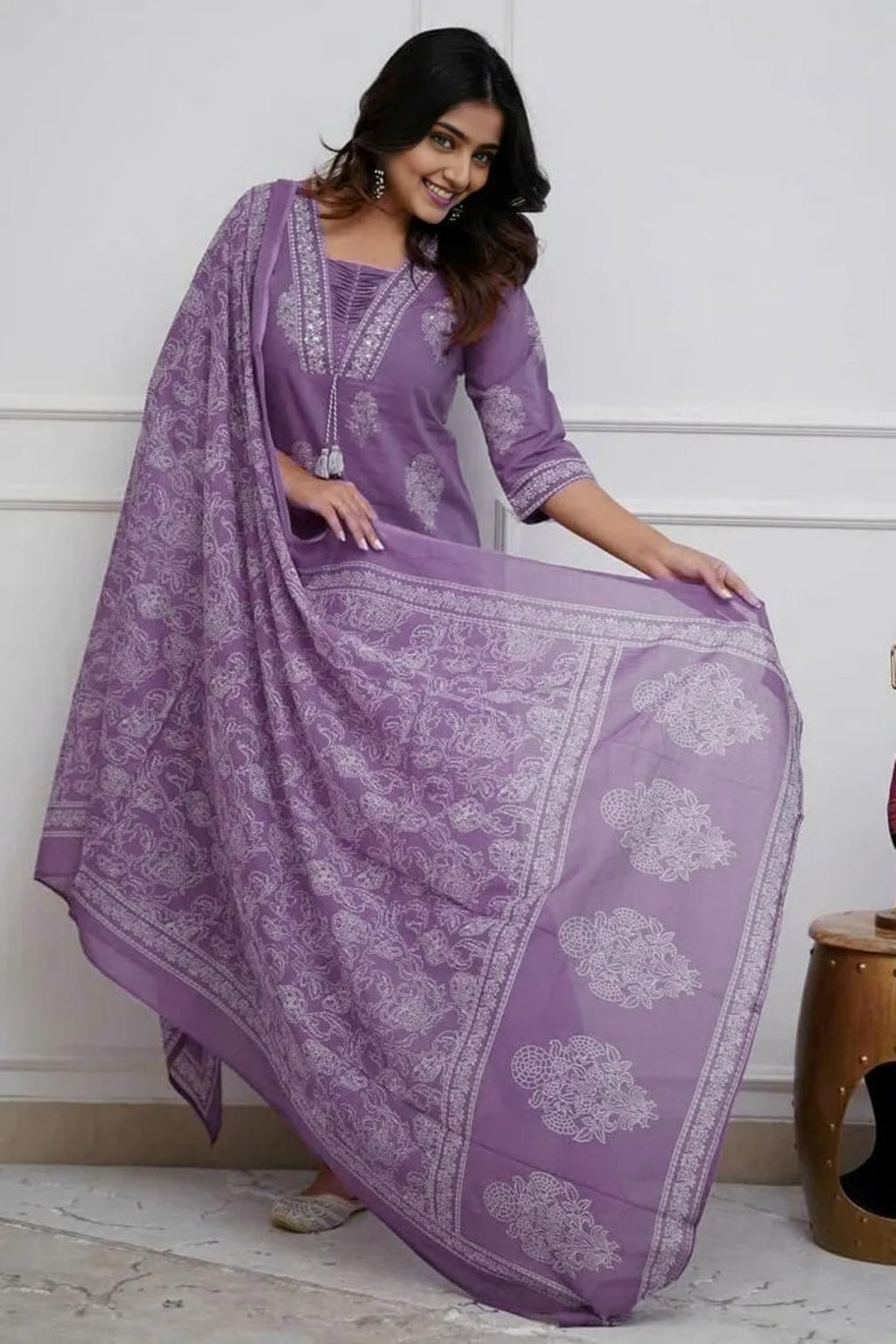 PARTHVI Women's Pure Cotton Printed with Handwork Kurta with Pants and Dupatta Set, Wedding Ethnic Suit Set, P-1079, Purple, L
