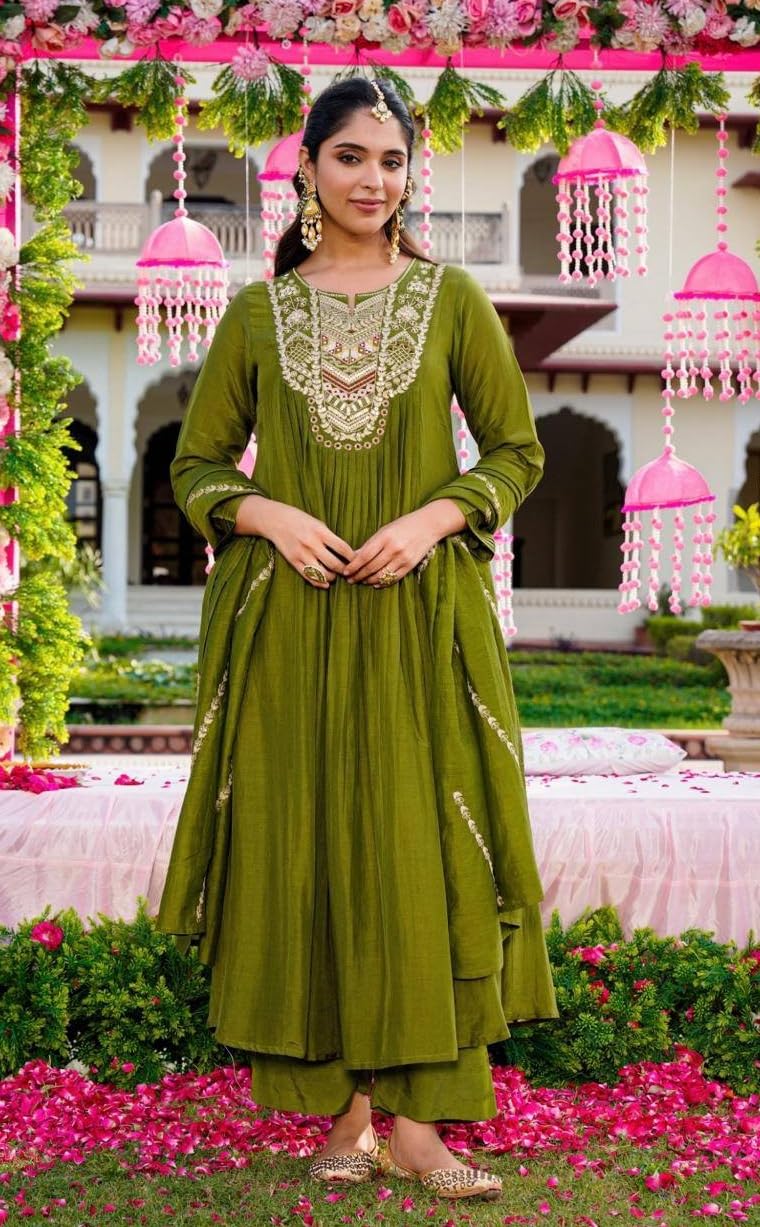Nermosa Women Embroidery Solid Anarkali Kurta and Pant Set with Dupatta (IN, Alpha, 2XL, Green)