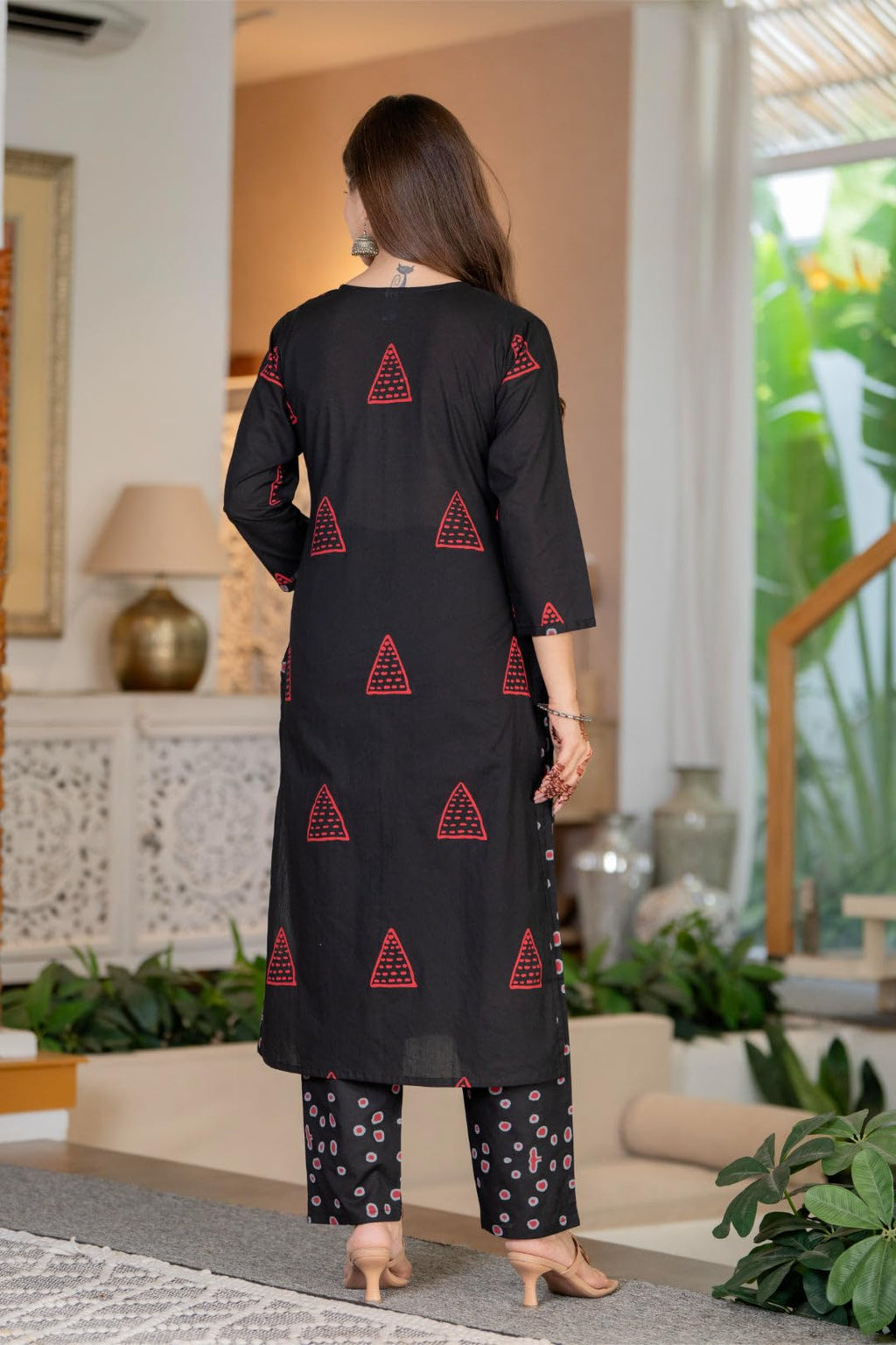 PARTHVI Women's Pure Cotton Printed Straight Kurta Set with Palazzo Pants & Dupatta- Ethnic Wear, Black