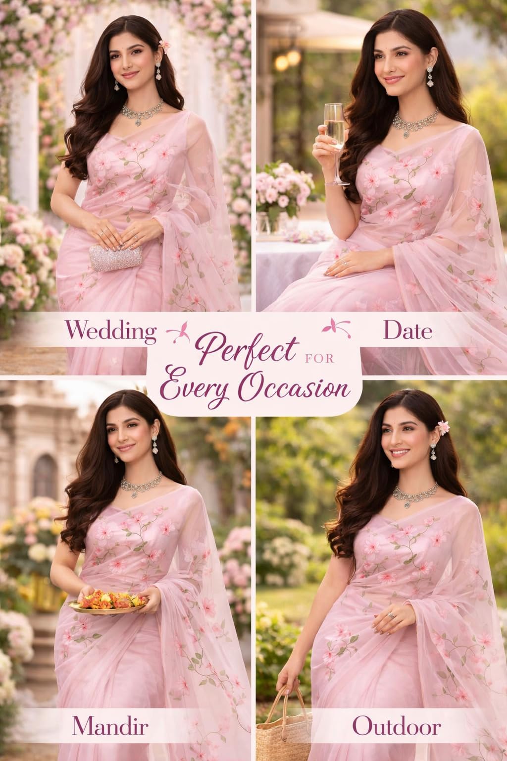 NoseQueen Women's Floral Design Hand Brush Painted Organza Saree with Blouse - Pink