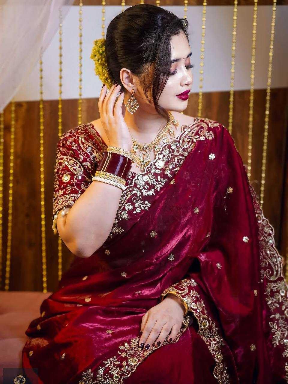 Sareya Veela Designer Sequins and Jari Thread Embroidery Work Saree with Elegant Border and Intricate Cutwork Detailing for Festive Wedding (Maroon)