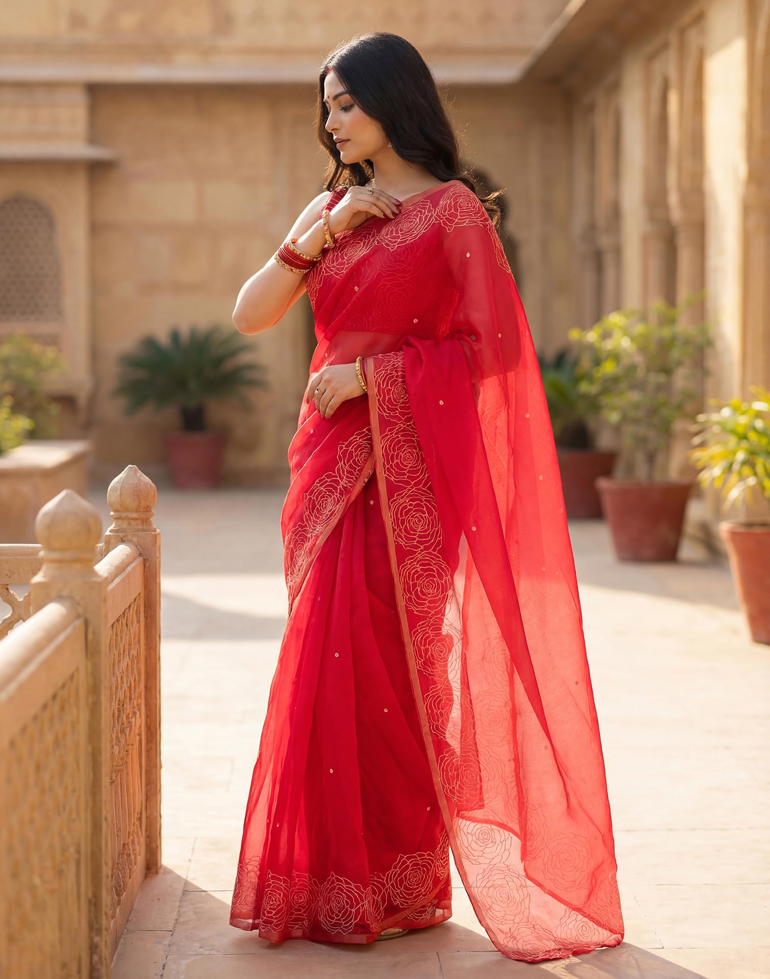 SIRIL Women's cotton Printed, Zari Border One Minute Ready To Wear Saree With Unstitched Blouse Piece(97RS387_Red)