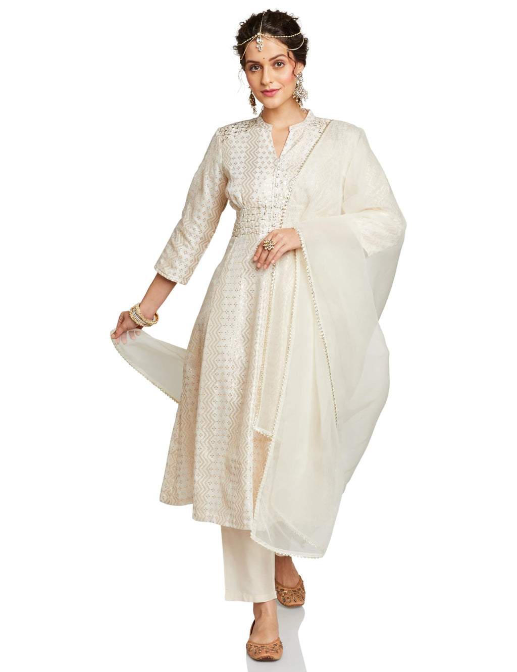 Amazon Brand - Myx Women's Embroidered Anarkali Kurta Set with Organza Dupatta in Chanderi Blend (AW25-MYX-RKM-KS-18_Off-white_L)