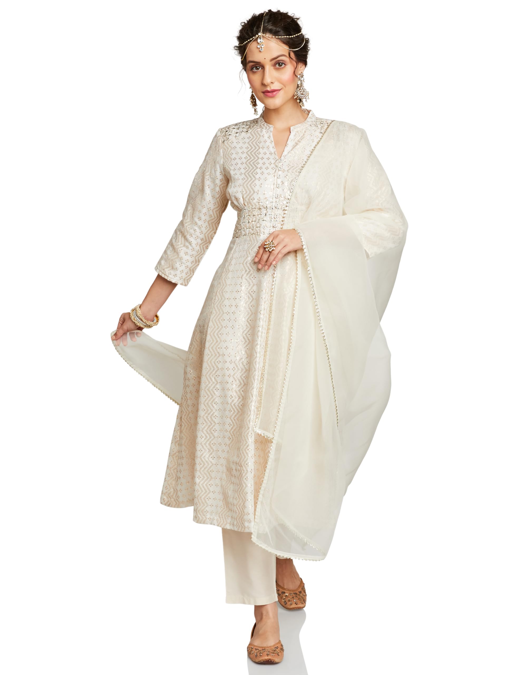 Amazon Brand - Myx Women's Embroidered Anarkali Kurta Set with Organza Dupatta in Chanderi Blend (AW25-MYX-RKM-KS-18_Off-white_L)