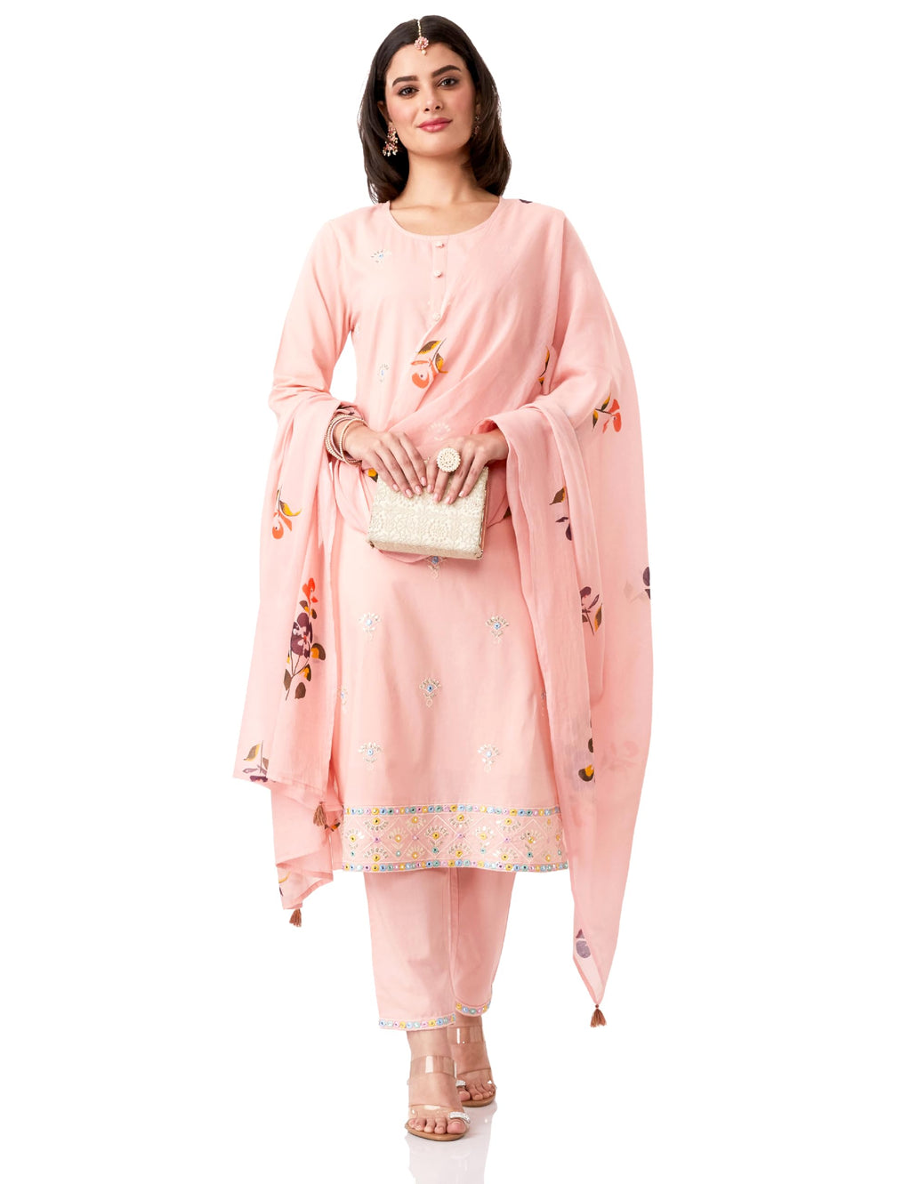 Amazon Brand - Myx Women's Embroidered Cotton Kurta Pant Set with Dupatta (SS25-MYX-SHU-KS-05_Pastel Pink_M)