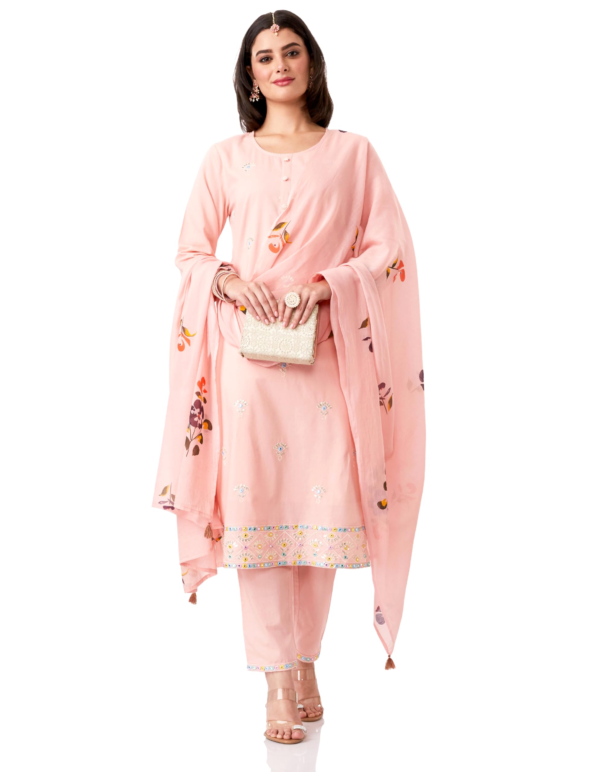 Amazon Brand - Myx Women's Embroidered Cotton Kurta Pant Set with Dupatta (SS25-MYX-SHU-KS-05_Pastel Pink_M)