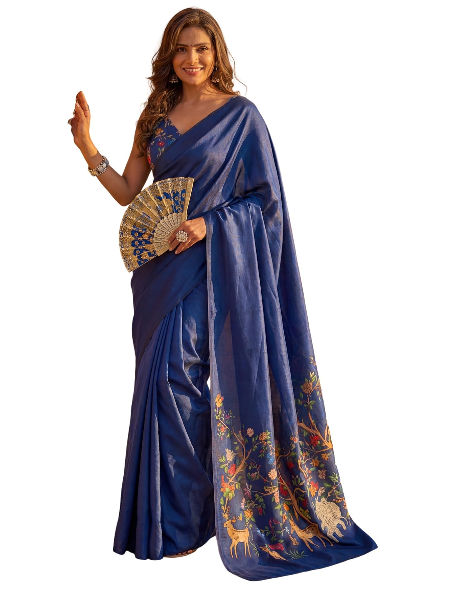 SIRIL Women's Silk Printed One Minute Ready To Wear Saree With Unstitched Blouse Piece(93RS309_Navy Blue)