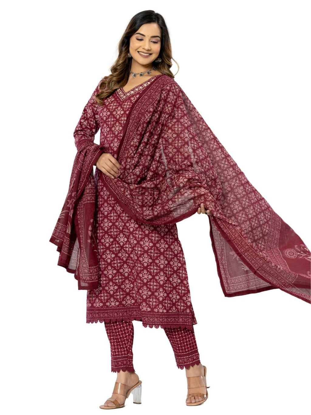Amayra Women's Cotton Printed Straight Kurta with Pant and Dupatta Set(TCK559,Maroon,3XL)