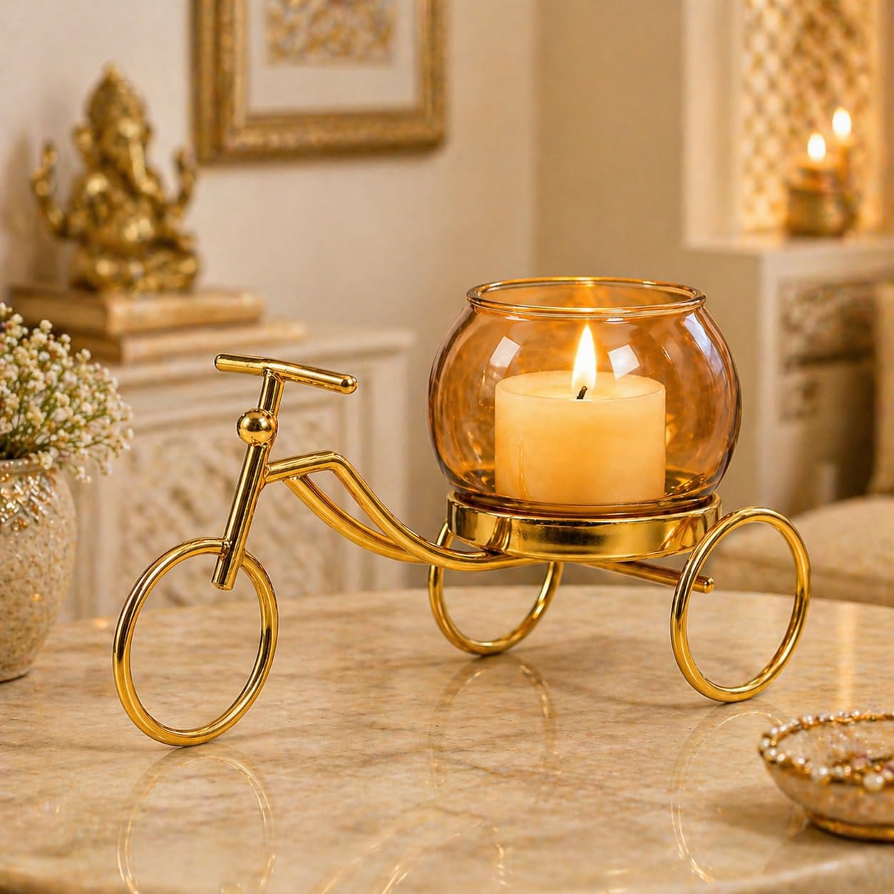 CentraLit Decorative Metal Tricycle Candle Holder with Glass Bowl | Gold Tea Light Holder Stand, Vase for Home Decor, Decorative Plant Pot for Living Room, Aesthetic Home Decor Item & Return Gift