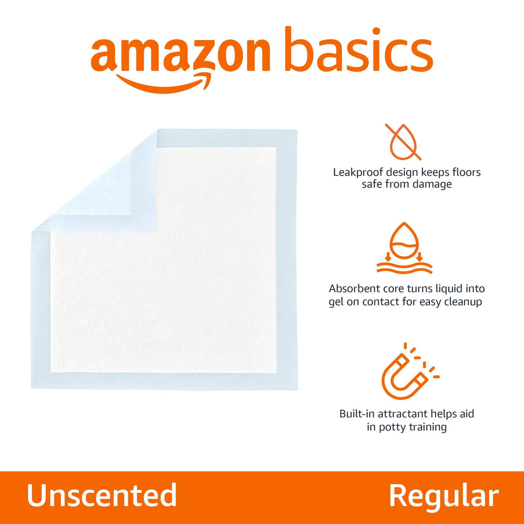 AmazonBasics Pet Pee Pads for Potty Training| Standard | Regular 56 x 56cms | 50 Pieces | Leak-Proof Quick Dry Design, 5-Layer Design, for Small Dogs and Puppies (Standard, Regular Size, 50 Pads)
