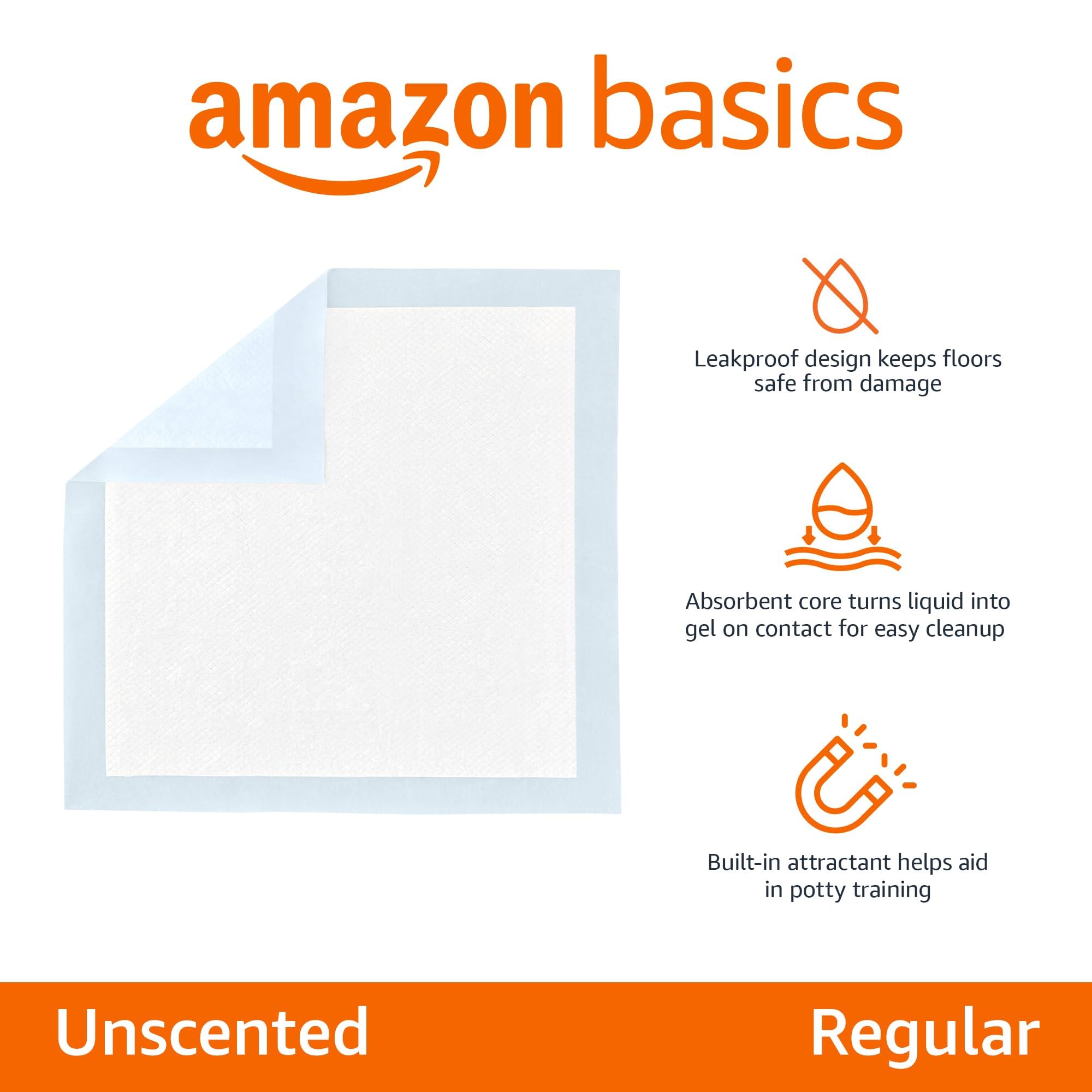 AmazonBasics Pet Pee Pads for Potty Training| Standard | Regular 56 x 56cms | 50 Pieces | Leak-Proof Quick Dry Design, 5-Layer Design, for Small Dogs and Puppies (Standard, Regular Size, 50 Pads)