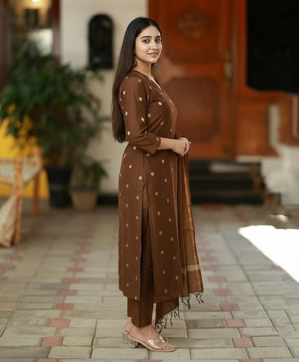 GoSriKi Women's Rayon Viscose Printed Straight Kurta with Pant & Dupatta (SDF BROWN-VKS01-GS_XXL_BROWN_XX-Large)