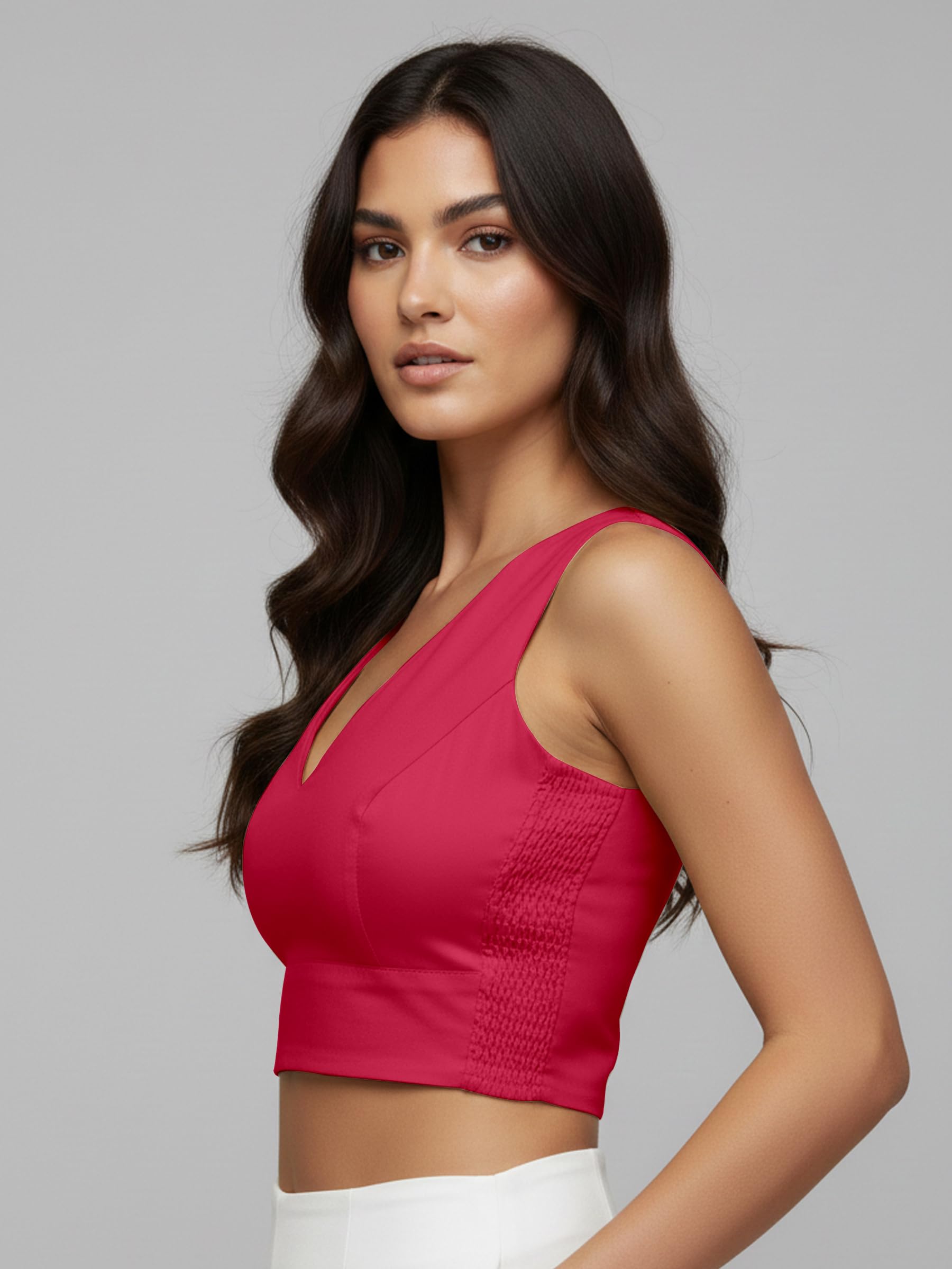 Mehrang V-Neck Taffeta Padded Sleeveless, Back Hook Closure with Smocked Side Panel, String or tie, Readymade Saree Blouse for Women (Pink, S)