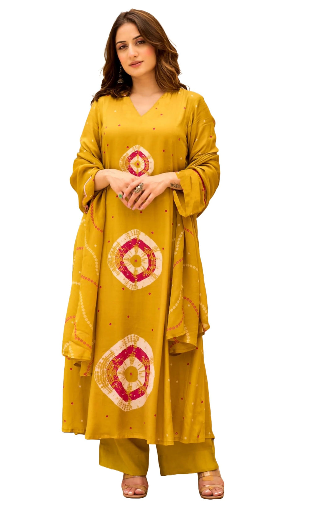 Nermosa Women Pure Cotton Kurta Pant Dupatta Set | Summer Friendly Ethnic Suit Set for Women | V-Neck Printed Kurti with Matching Pants & Dupatta | Casual & Office Wear (IN, Alpha, 2XL, Yellow)