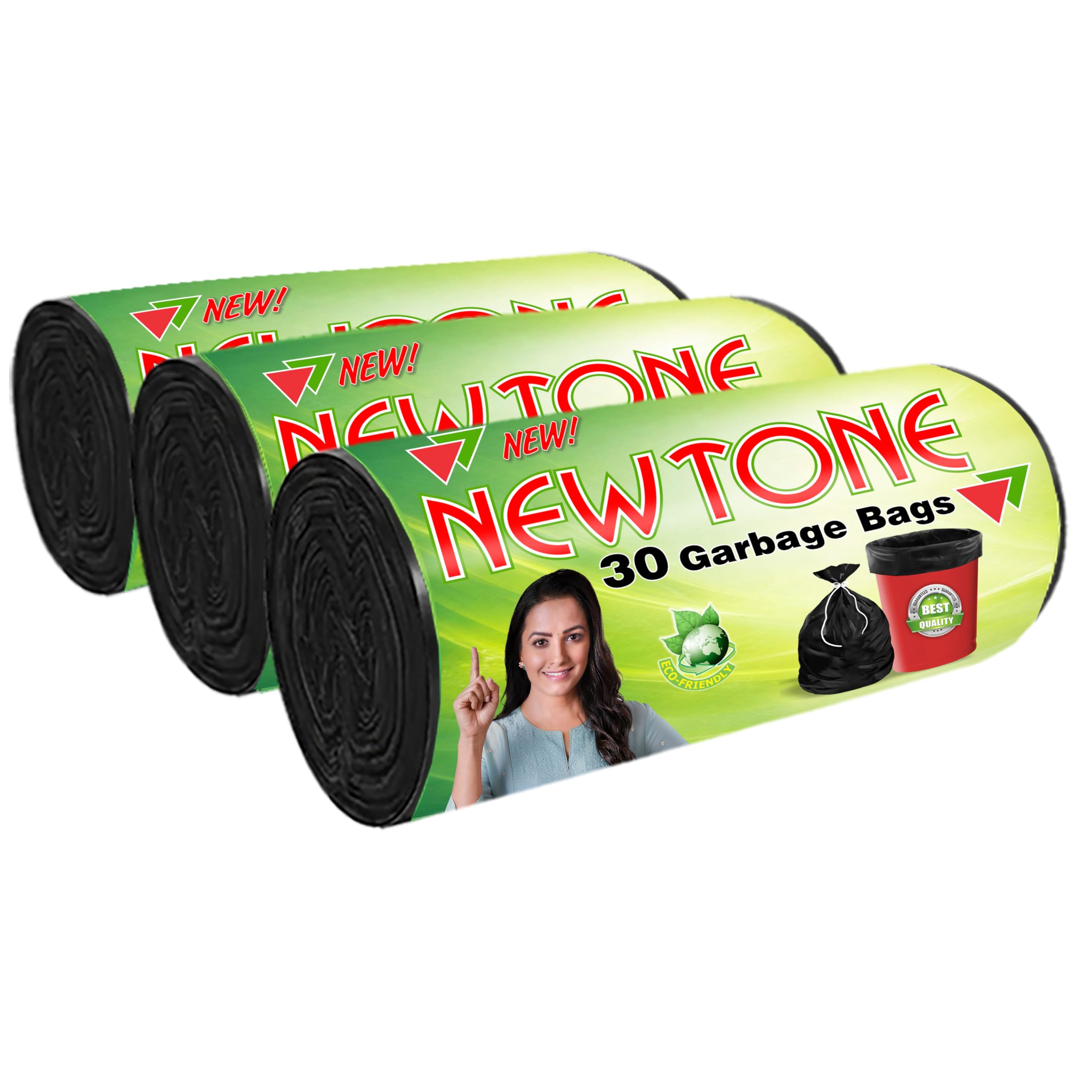 NEWTONE Medium Garbage Bags, 90 Count (3 Rolls x 30 Bags), 19 X 21 in, Black with Star Sealed Bottom and Detachable Tie-Tape for Dustbin, Trash Bin, and Waste Disposal for office,home and kitchen