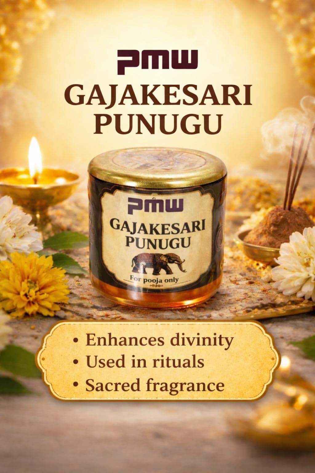 Pmw GAJAKESARI PUNUGU for Pooja, Sacred Fragrance for Rituals,Enhances Divinity, Temple Use,15 Grams, Pack of 1