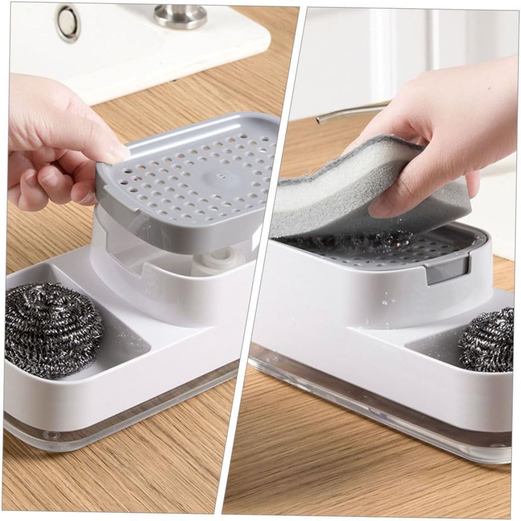 Xmart India 3-in-1 Kitchen Soap Dispenser with Sponge Holder & Hollow Tray Scratch Wire Dish Cloth for Sink & Wash Basin Durable Rustproof Plastic Dish Soap Dispenser Kitchen Accessories for Home