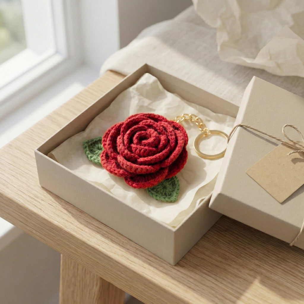 VARIQ Handmade Crochet Rose Flower Keychain for Women & Girls, Cute Red Flower Key Ring, Soft Yarn Knitted Charm, Romantic Gift, Bag Accessory, Car Key Holder, Aesthetic Handmade Gift