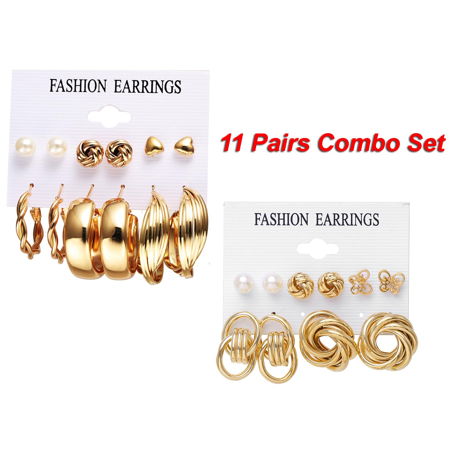 Shining Diva Fashion 11 Pairs Combo Set Latest Stylish Hoop Stud Earrings for Women and Girls (Gold) (14949er)