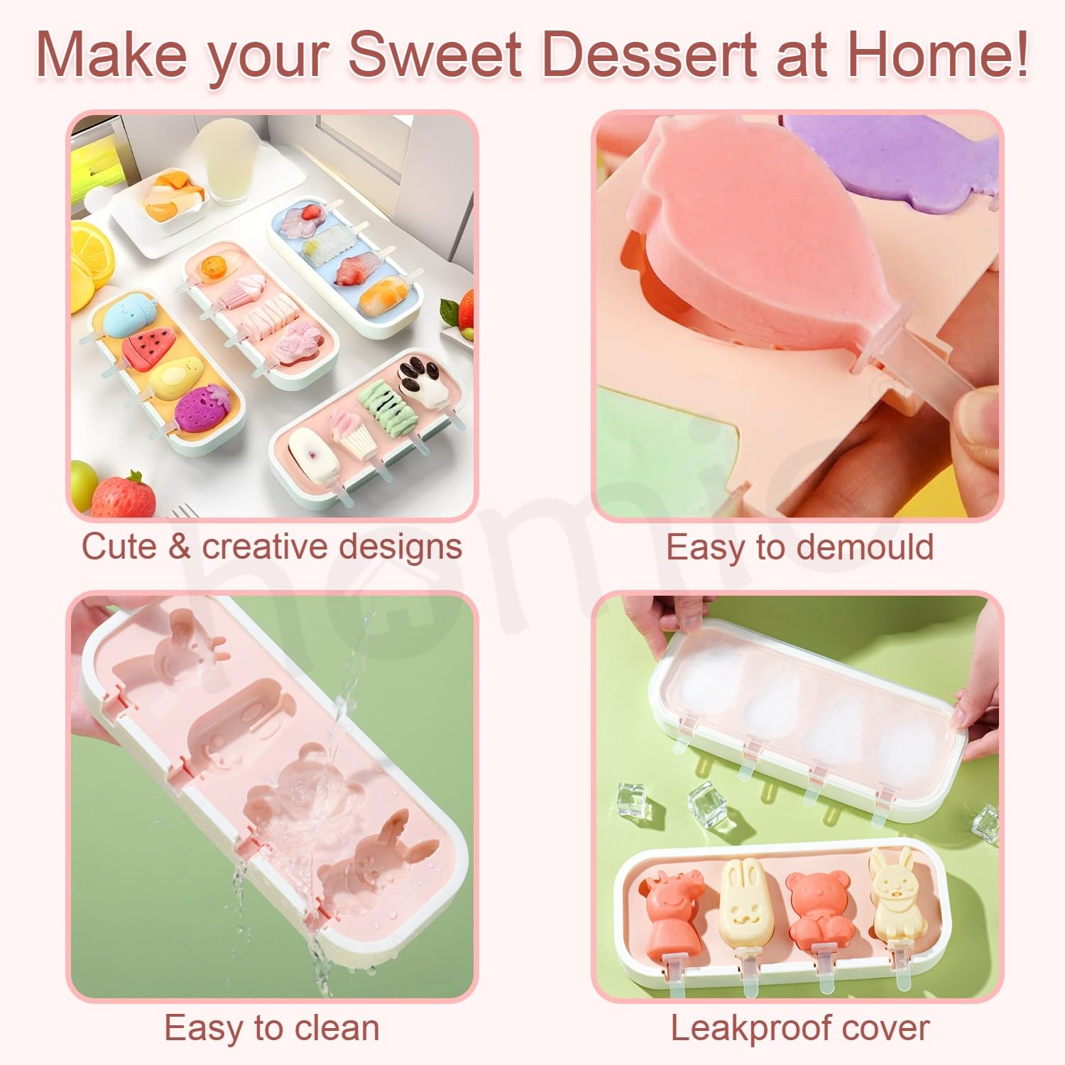 HOMIO 4 Fruit Shape Cavity Non-Stick Silicone Ice Cream Mould with Lid & 6 Plastic Sticks Reusable Ice Lolly, Frozen Candy, Kulfi Molds, BPA-Free Stackable DIY Icecream Popsicle Maker (Multicolor)