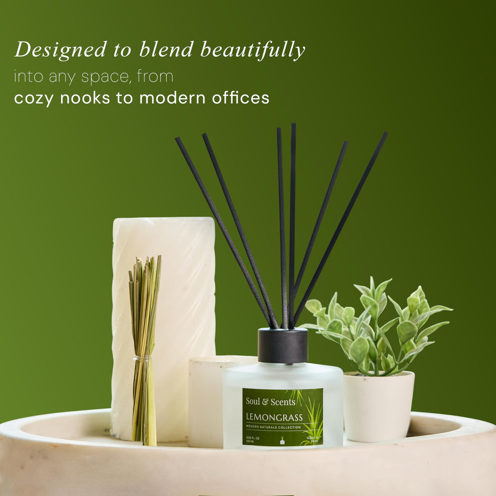 Soul & Scents Glass 120ml Lemongrass Reed Diffuser Set | Free 6 Fiber Reed Sticks | Stress Relief & Aromatherapy | Long-Lasting, Smoke-Free Air Freshener for Home, Bedroom & Office | Ideal for Gifting