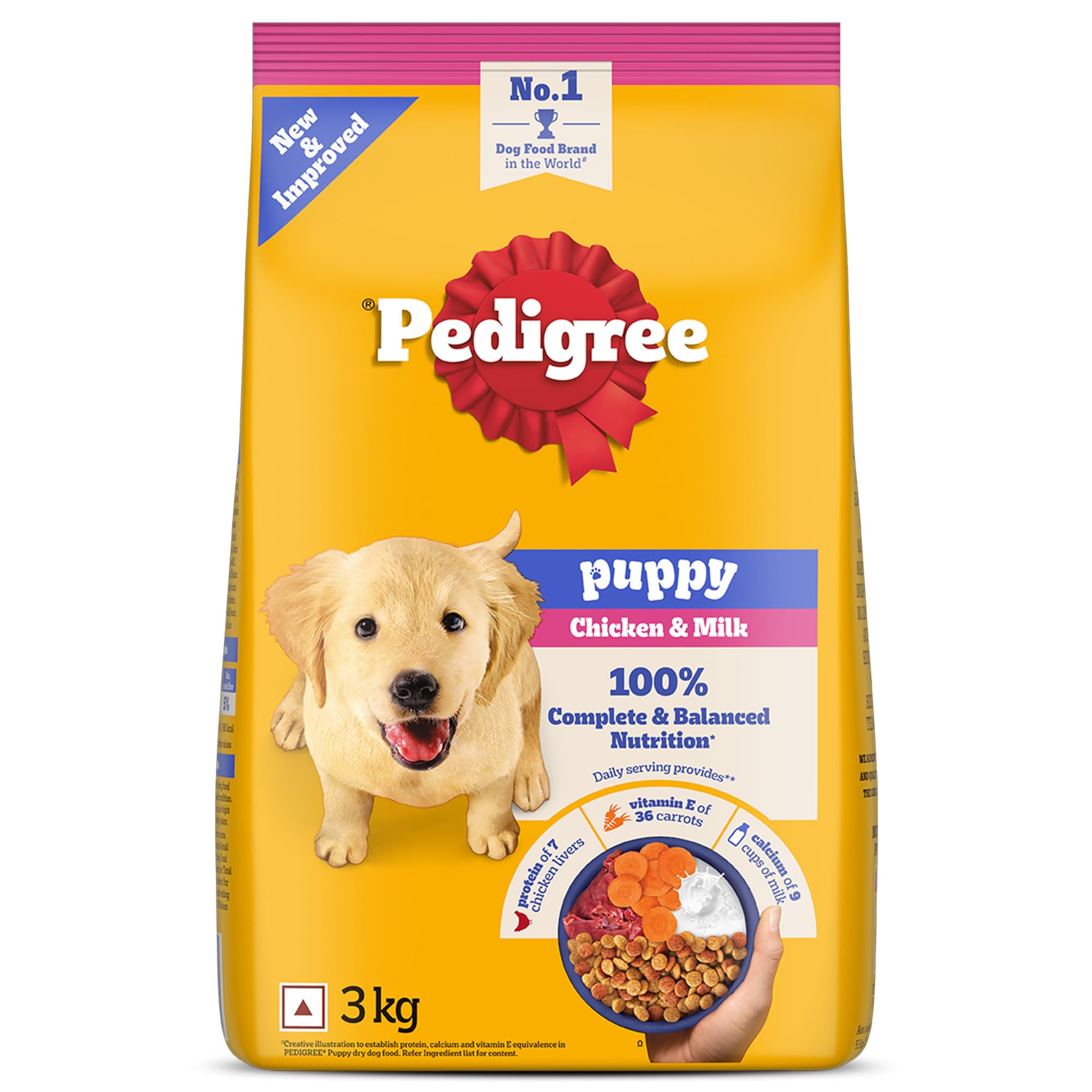 Pedigree Puppy Dry Dog Food, Chicken & Milk, 3 kg, Contains 37 Essential Nutrients, 100% Complete & Balanced Food for Puppies